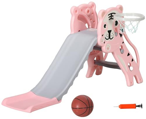 AIYAPLAY Scivolo per Bimbi 18-36 Mesi con Canestro da Basket Laterale, Scivolo in Plastica, 133x60x70 cm, Rosa e Grigio