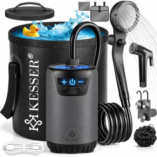 KESSER® Douche solaire de camping avec pompe et batterie rechargeable 4000 mAh - Kit de douche de camping avec pommeau de douche réglable, tuyau de 2 m, pistolet pulvérisateur et support