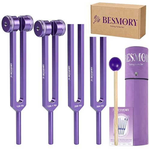 BESMORY Stimmgabeln Für Heilung Set Enthält 4 Frequenz-Stimmgabeln (128hz, 136,1hz, 256hz, 384hz) Und Reflexhammer, Klangheilungsinstrumente Chakra Klangtherapie, Yoga Meditation Zubehör