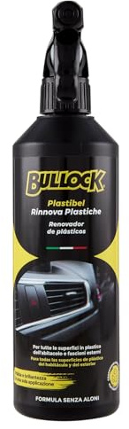 Bullock Car Care Plastibel – Rinnova & Lucida Plastiche e Gomme Auto, Formula Antistatica Senza Aloni per Abitacolo, Cruscotto e Fascioni Esterni, Profumo Fresco, 375ml