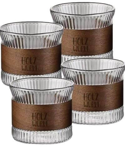 Holzwurm Juego de tazas de café de 170 ml, incluye madera de nogal, vasos de capuchino, taza de té para té, café expreso, juego de tazas para amantes del café (transparente, 4 unidades)