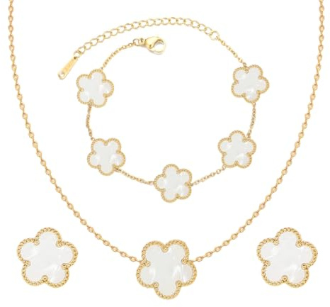 Vierblättriges Kleeblatt Schmuckset für Damen und Mädchen 18K VierbläTtriges Kleeblatt Anhänger Halskette Armband Ohrringe Hypoallergenes Glücksklee Emaille Schmuck Set für Geburtstags Valentinstag
