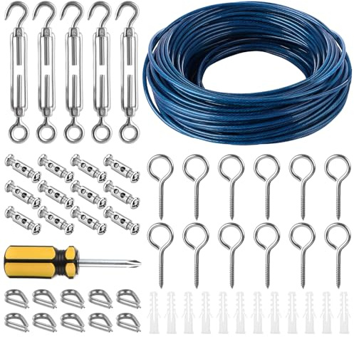 VIDETOL 3MM Garden Wire for Climbing Plants, 30M PVC Coated Steel Cable Kit, 304 Stainless Steel Cable, Multi-Use Turnbuckles Wire Tensioner Kit for Curtain Line, Picture Hanging, Grapevines Trellis