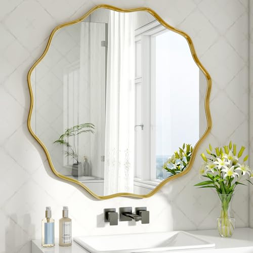 BEAUTYPEAK Runder Spiegel 60 cm, Gold Wandspiegel mit Gewellter Kante | Badezimmerspiegel mit Aluminiumrahmen, zum Aufhängen und Anlehnen, Rund Wandspiegel für Schlafzimmer, Flur, Zimmer Deko