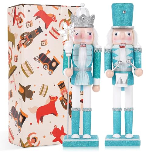VorFor Lot de 2 pièces de soldat casse-noisette bleu roi + tambour, 30 cm, décorations de Noël, cadeau de décoration en bois, décorations de Noël pour cheminée de Noël.