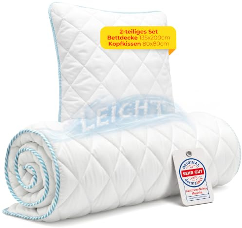 Rosenkern Bettdecke 135x200 Set mit Kissen - [Ökotex Zertifiziert & Atmungsaktiv] - Bettenset 2 teilig - [Waschbar bis 95°] - Bettzeug Kissen 80x80 wattiert und Decke Set - aus feinem Mikrofaser