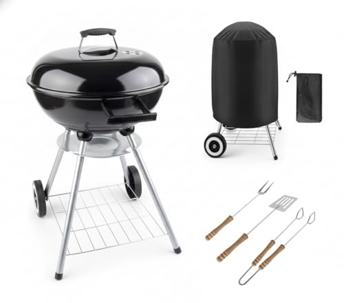 BBQ Grill Patio Portable Charcoal Kettle Barbecue Grill on Wheels with Cover and Cooking Utensils Tools Stainless Steel Black Grill For Outdoor Cooking Garden Picnic Camping Caravan BBQ