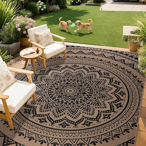 Homcomodar Outdoor Rug 120x170cm Mandala Easy Jute Rugs Living Room Indoor Outdoor Rug Washable No Shed Garden Rug for Patio Farmhouse Balcony Deck,Neutral Black Brown Hessian Sisal Look