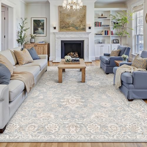 PureCozy Teppich Wohnzimmer 300x400cm Waschbarer Blau Wohnzimmerteppich | Weicher Kurzflor, Rutschfest, Pflegeleicht, Vintage Carpet, Schlafzimmer, Esszimmer, Büro ,Kinderzimmer