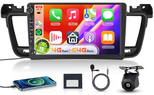 【4+64G】 Hodozzy Carplay Radio Coche para Peugeot 508 2011-2018 con USB Tipo C,Pantalla In-Cell de 9 Pulgadas con Bluetooth/Android Auto/DSP/GPS/WiFi/RDS/FM+Cámara de Marcha Atrás