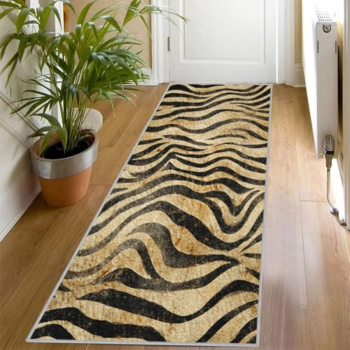 Generisch Zebra Läufer Teppich 60x300 cm, Zebra Streife Teppich Läufer Flur, Vintage Teppichläufer Waschbar rutschfest für Schlafzimmer Küche Wohnzimmer Bettvorleger Weich & Kurzflorkt117