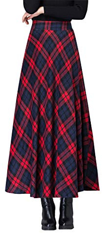 RIZ-ZOAWD Donna Elegante Vita Elastica Plaid a Strisce Lunga Caldo Gonna di Lana Svasata A-Line Pieghe Vita Alta Gonne Autunno e Inverno Gonne (M (Vita: 68-74 cm), Rosso)