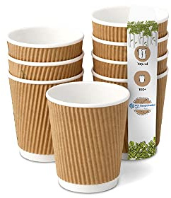 BIOZOYG 100 Stück Kaffeebecher isolierte Pappbecher 100ml / 4 oz Ø 62 mm weiß/braun - geriffelt plastikfrei nachhaltige Materialien - Einwegbecher Glühweinbecher