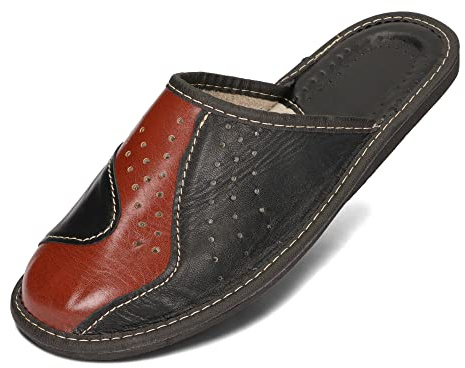 BeComfy Pantoufles pour Hommes Pantoufles en Cuir Naturel 40-46 EU (Noir avec Marron, Système Taille Chaussures EU, Adulte, Numérique, Moyen, 43)