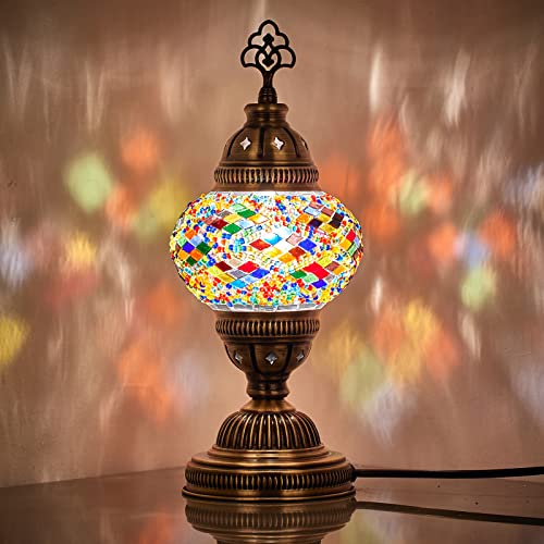 DEMMEX Handmade Colorful Mosaic Glass Table Desk Bedside Lamp Lampshade with Antique Brass Base, Small 30cm H (Multicolor)
