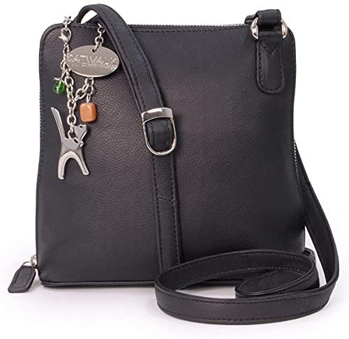Catwalk Collection Handbags - Borsa a Tracolla in Vera Pelle - Borsetta Donna - Borsa a Mano Media - Tracolla Regolabile - Eleanor - Nero