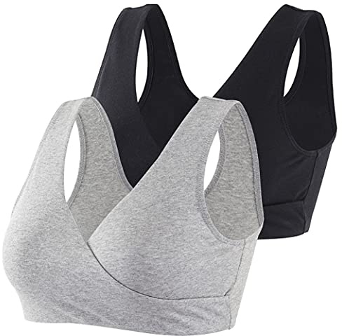 COLOMI Graviditets-amnings-bh trådlös amnings-bh i bomull för sömn, Svart/grå/2-pack, XL
