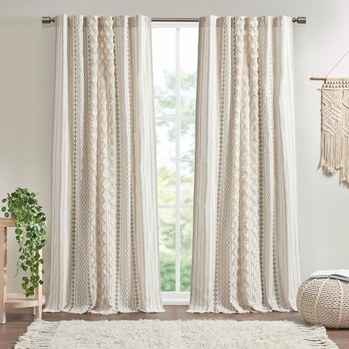 INK+IVY Imani 100% Cotton SINGLE PANEL Curtain Tufted Chenille Stripe Geometric Print Mid-Century Look Rod Pocket Top Drape for Living Room, Privacy Window Treatment for Bedroom, 50 x 84, Ivory