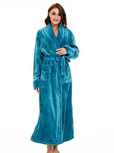 LOCIIXAT Peignoir Confortable pour Femmes en Polaire Duveteuse Robe de Chambre en Peluche Vêtement d'Intérieur Parfait Robe Longue de Détente, turquoise, 34-36