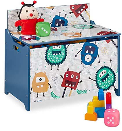 Relaxdays Spielzeugtruhe, Monster-Design, Spielzeugkiste mit Deckel, HBT: 50x60x36,5 cm, MDF, Spielzeugbox, blau/weiß