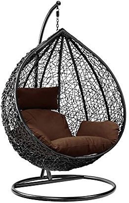 Rattan Swing Egg Chair with Stand Outdoor Indoor Garden Patio Hanging Egg Chair with Cushion (Black Egg Chair & Brown Cushion)