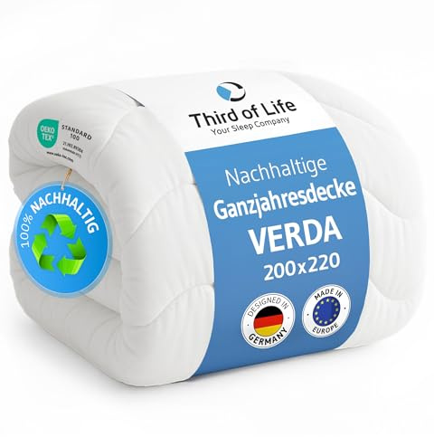 Bettdecke 200x220, XXL Ganzjahresdecke VERDA, extra weich und atmungsaktiv | Thermoregulierend und 100 % recycelt, große Stepp-Decke für 2 Personen, Decke ohne Bezug nutzbar, Blanket für Allergiker