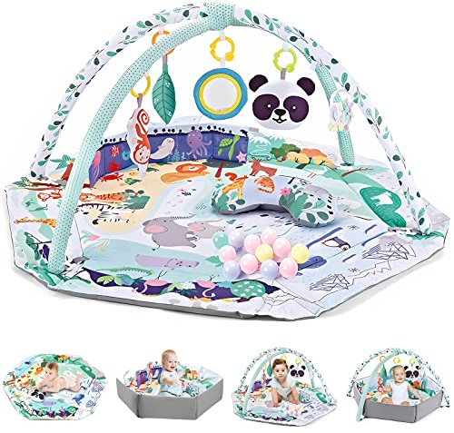 TFDER 8-in-1 Baby Spieldecke mit Spielbogen, Multifunktionsspielbogen für Neugeborene mit Bällebad und mit abnehmbaren sensorischen Spielzeugen, Krabbeldecken für Babys ab 0+ Monaten(Grün)