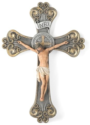 BC Catholic St Benedict Crucifix Wall Cross, Inspirational Jesus Christ Wall Decor for Elegant Modern Home, Gifts to Mom, Renaissance Carve Look, Realistic Color Finish 12H Hand painted by Buildclassic