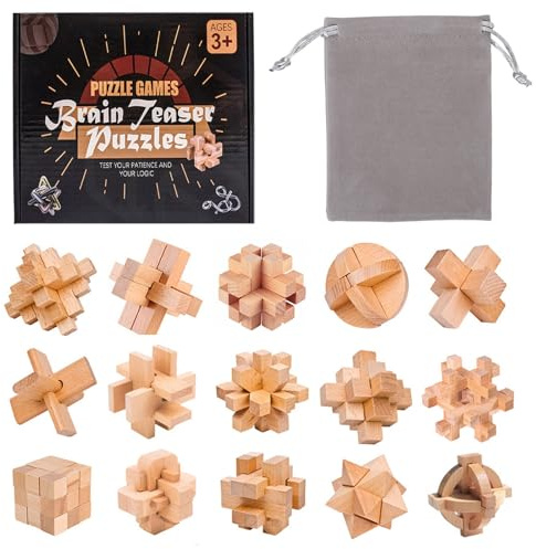 Holzsammlung 15 Stück Knobelspiele Holz, Geschicklichkeitsspiel Holz, Logikspiele IQ Spiele Geduldspiel Knobelspiele, Mini Puzzle Denkspiele Spielzeug Geschenk für Erwachsene Teenager Kinder, 4.5cm