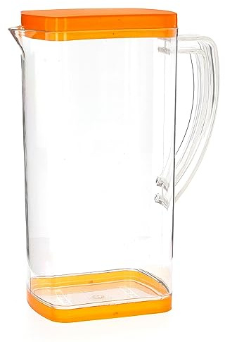 Plastic Pitcher Jug with Lid 2000ml Fridge Door Clear Carafe Water Iced Tea Juice Lemonade Cocktail Beverage Cold Drinks Non Drip Pouring Spout Jugs for Kitchen Dining Table Refillable (Orange)