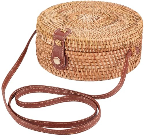 GORGECRAFT Handgewebte Runde Rattan-Tasche Große Strohtasche Für Damen Handgefertigte Korbgeflecht-Geldbörse Kreisförmig Oval Braunes Stroh Boho-Taschen Schulter-Kunstleder Verstellbarer Riemen