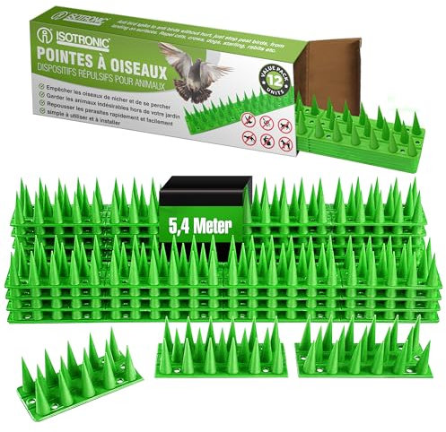 ISOTRONIC fågelskrämma av plast, djurförsvar, spikar för katt, mård, duva | staket, fönsterbräda, tak, duvskydd, fågelskydd – robust (grön, 5,4 meter/12 element)