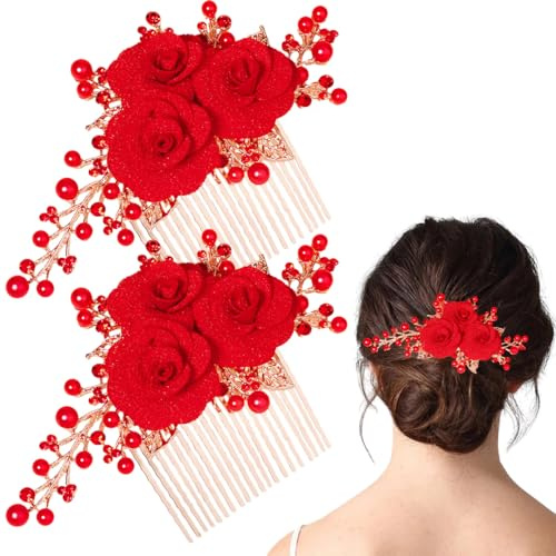 Haarkamm mit Blume, rote Rose, Haarkamm, rote Haarspange, goldfarbene Rose, Brautschmuck, Seitenkämme, Blume, Strass, Perlen, Blume, Hochzeitshaarteil, Braut-Haarkamm, glitzerndes Haar-Accessoire für