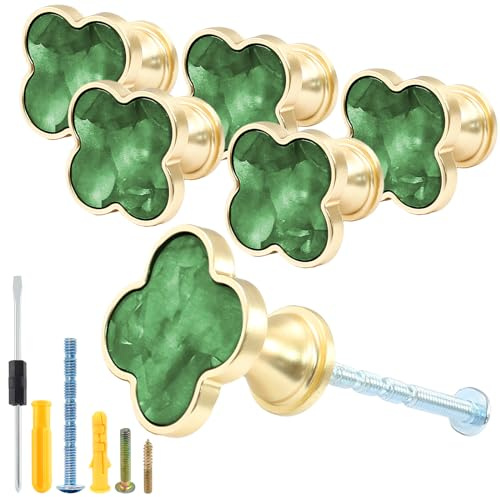 Suiwotin 6 Pack Cabinet Knobs - Clover Decorative Drawer Knobs, Brushed Gold Kitchen Cabinet Pulls, Vanity Drawer Handles for Closet, Cupboard, Pantry (Green)