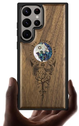 Carveit Handcrafted Case for Galaxy S24 Ultra (Yin Yang Wolf-Walnut) | Samsung Galaxy S24 Ultra Case - Compatible with MagSafe Wireless charger - Wood Engraved Shell Inlaid - TPU Shockproof Bumper