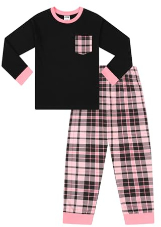 ThePyjamaFactory Pyjama Long en Coton à Carreaux Noirs et Roses pour Filles Pyjama pour Enfants
