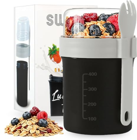 Swkien Müslibecher to go mit 2 Fächern, auslaufsicherer Joghurtbecher to go | mit 2-in-1 Löffel, Spülmaschinengeeignet, 560 ml + 220 ml, BPA-frei – ideal für Joghurt, Müsli & Overnight Oats.