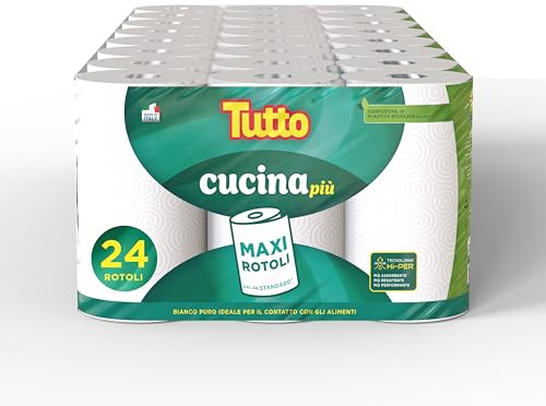 Asciugatutto TUTTO CUCINA PIU’, 24 Rotoli, Adatto a Tutte le Superfici, Carta Super Assorbente e Resistente, Tecnologia HI-PER, Made in Italy, 821706