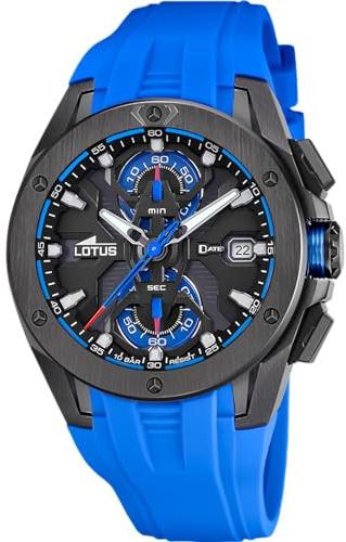 LOTUS Montre Homme Analogique en Acier Inoxydable et Caoutchouc Bleu | Mouvement à Quartz, Chronographe, Calendrier, Verre Minéral Haute Résistance, Étanche 10 ATM 18943/2 Vortex