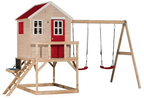 Wendi Toys M27R-K – Cabane sur pilotis avec Double balançoire & Cuisine de Jeu, Maison de Jeu en Bois FSC Enfants, 192×405×242 cm, avec Plateforme 90 cm, bac à Sable & Tour d’Escalade, Rouge
