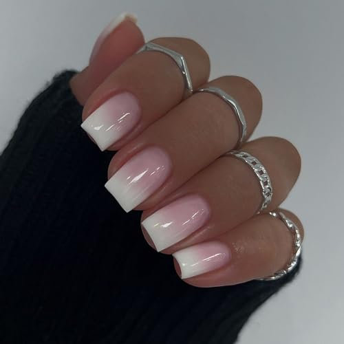 DMQ Square False Nails Medium, 24Pcs Pink Gradient French Tip Nude Press on Nails, Glossy Removable Fake Nails Glue on Nail with Glue, Acrylic Full Cover Stick on Nail for Women and Girls
