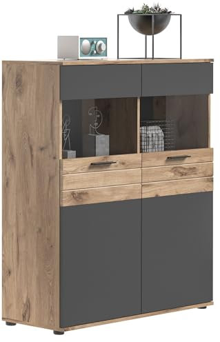Newroom Vitrine Basalt Grau Eiche Vitrinenschrank Industrial Modern - 122x110x37 cm (BxHxT) - Glasvitrine Glasschrank Standvitrine - [Elera.twentytwo] Wohnzimmer Schlafzimmer Büro Flur