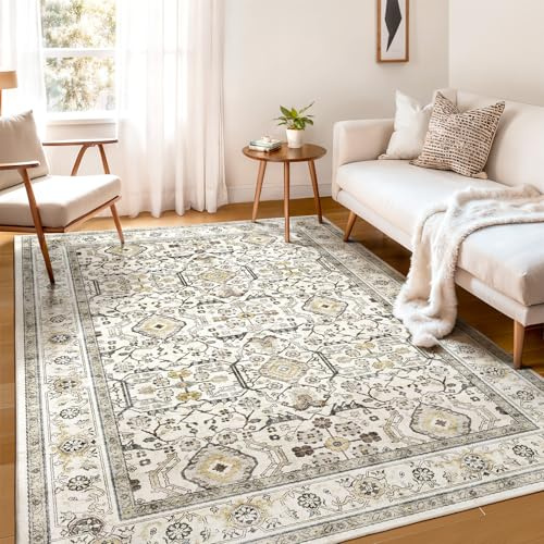 WITSHOCK Creme Teppich Wohnzimmer 150x200 cm: Waschbarer Boho Teppich, rutschfest, Kurzflor, Vintage Schlafzimmer, Küche Flur Esszimmer für Kinder & Haustiere Geeignet