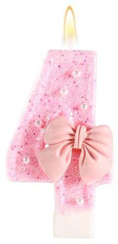 Rosa Geburtstagskerze mit Schleife, Glänzende Schleife Perlenpailletten Happy Birthday-Zahlenkerzen Perfekte Kuchendekoration für Feiern Partys Hochzeiten Abschlussfeiern(Zahl 4)