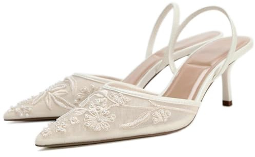 CRETUAO Women's Bow Slingback Stiletto Heels,Pointed Toe Mesh Embroidered Beads Kitten Heels,Bridal Party Wedding Pumps,1 White,7 UK