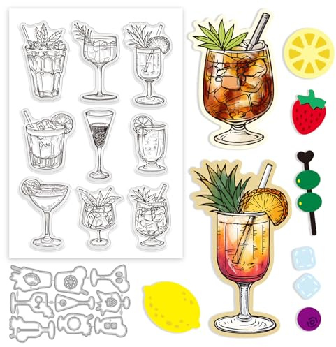 GLOBLELAND Cocktails Clear Stamp and Cutting Dies Set for Card Making Drinks Wine Silicone Clear Stamp Metal Lemon Pineapple Die Cuts for DIY Scrapbooking Photo Album