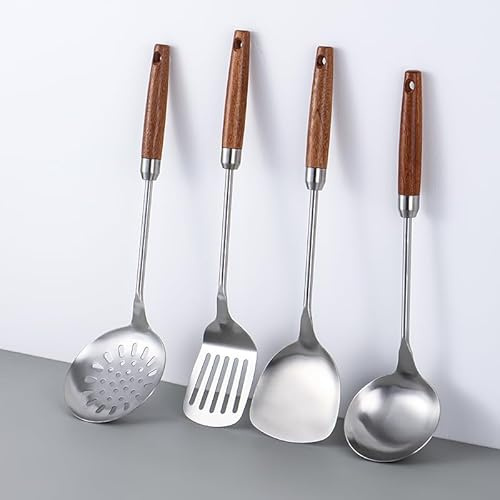 juego de utensilios de cocina de 4 piezas,espátula wok, cucharón, juego de herramientas de espumadera y espátula,acero inoxidable 304, mango de madera, apto para lavavajillas (Plata)