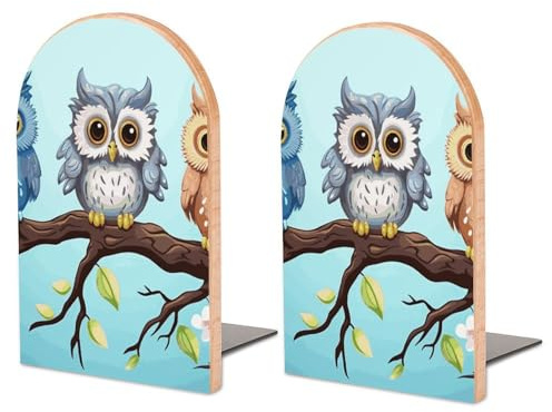Buchstützen für Regale, Eulen auf einem Ast, bedruckt, Holz, robuste Buchstützen, 1 Paar, ausgefallene moderne, dekorative rutschfeste Buchstopper für Büro, Bibliothek oder Arbeitszimmer, Buchzubehör