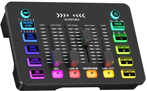 Glomtheia Gaming Sound Board Audio Interface Voice Changer für PC PS4 PS5 Streaming Mixer Soundboard Kompatibel mit XLR Kondensator/Dynamisches Mikrofon