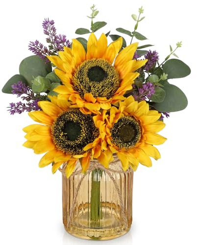 Oairse Künstliche Sonnenblume mit Glasvase Künstliche Pflanzen Blumen mit Eukalyptus Künstlich Tischdeko Wohnzimmer für Hochzeit Partei Blumenarrangement Fensterbank Deko und Schlafzimmer Deko